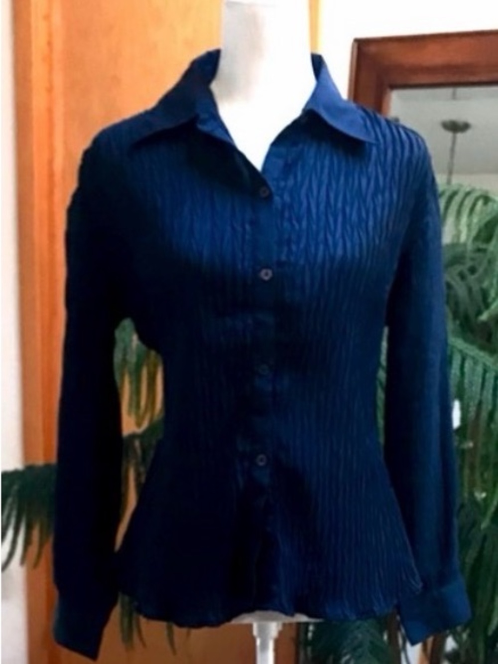 Keren Hart Textured Button Up Blouse Top Blue